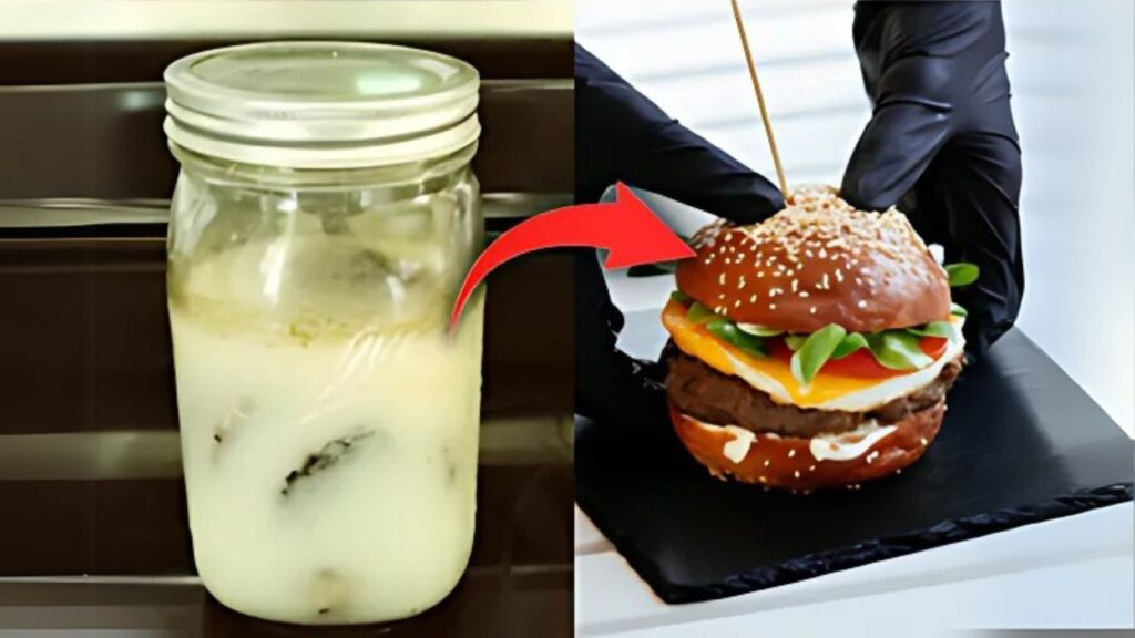 A jar of preserved food next to a freshly made burger, illustrating traditional pioneer food preservation techniques used to store ingredients for long-term survival