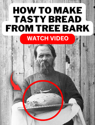 A bearded pioneer holding a loaf of bread made from tree bark, showcasing a forgotten survival skill used for food during tough times