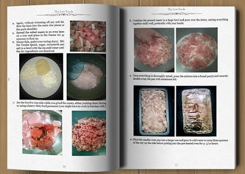 "An open survival food book showing step-by-step instructions and images for preserving meat, a key skill for long-term food storage in emergencies.